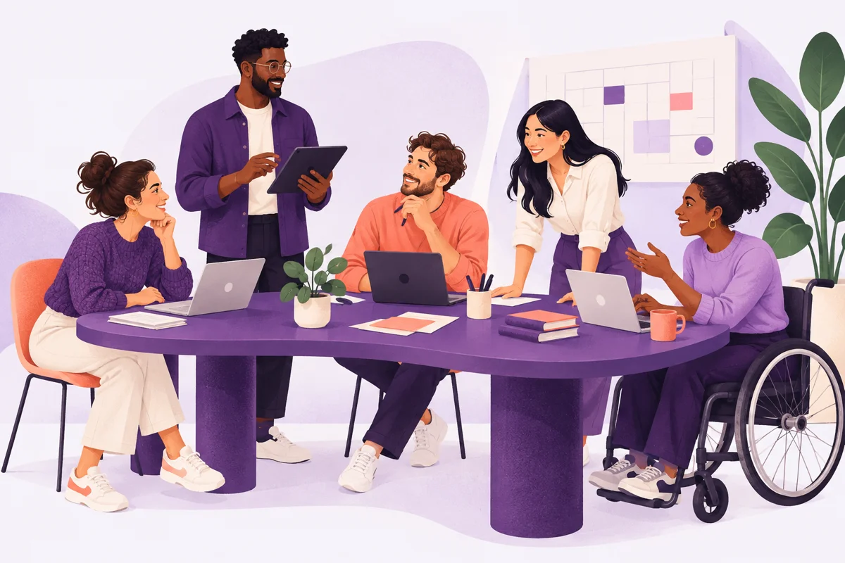Un equipo diverso comparte ideas alrededor de una mesa morada